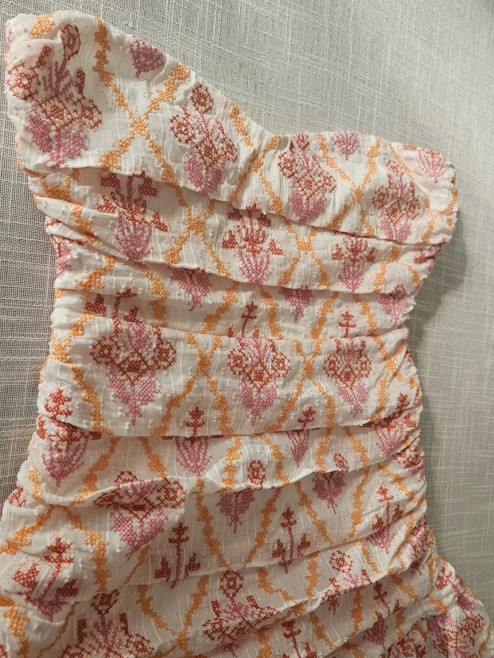 HELLO MOLLY Embroidered Strapless Ruched Mini Dress Size M Cotton Pink Orange - Picture 16 of 16